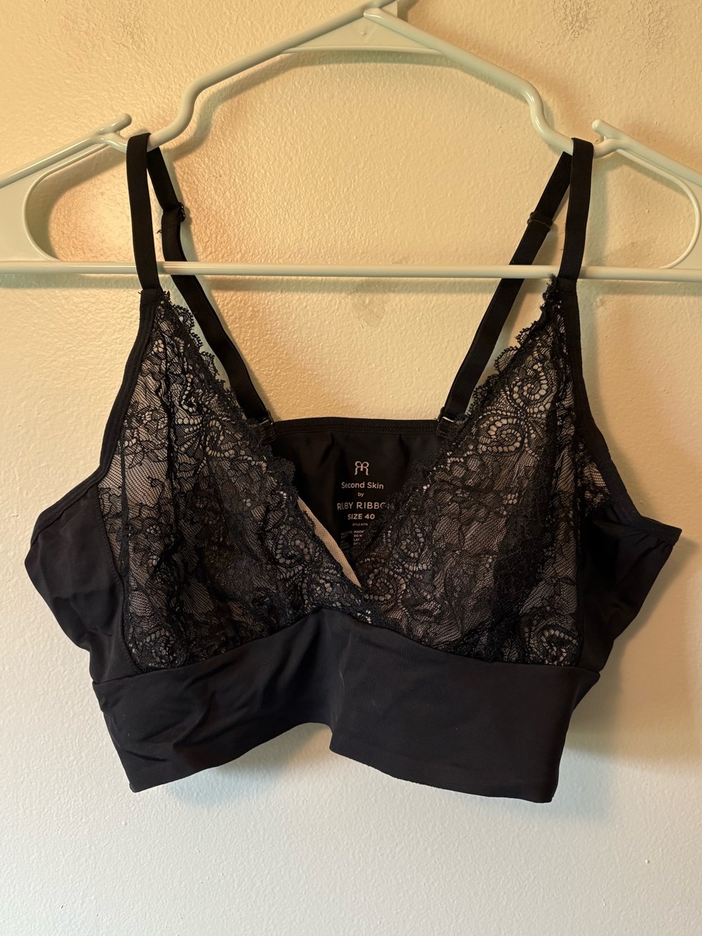 Ruby Ribbon Second Skin Black Lace Bralette with Stretch Band, Size 40 Women’s